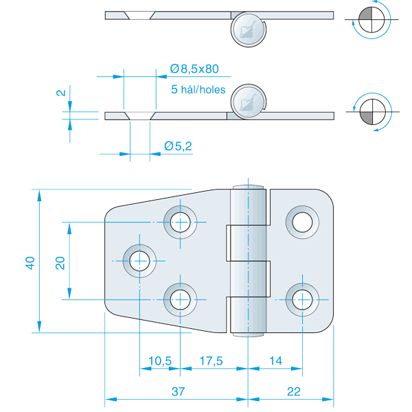 Roca gångjärn 59x40mm AISI 316