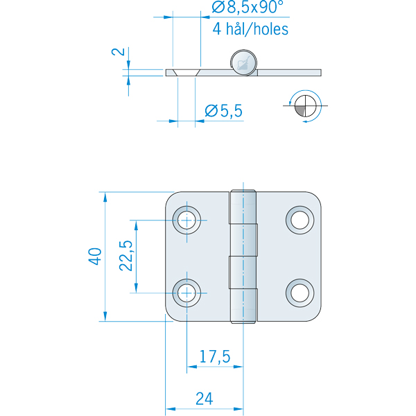 Roca gångjärn 48x40mm AISI 316